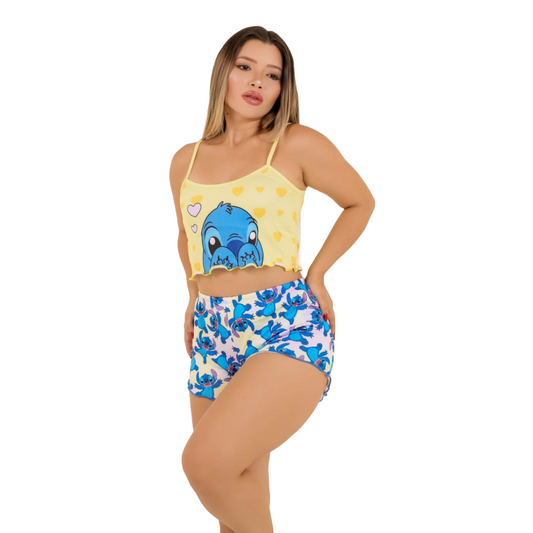 Pijama Curto Cropped Ondinha Adulto Feminino Stitch Amarelo