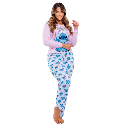 Pijama Feminino Inverno Manga Longa  E Calça Stitch