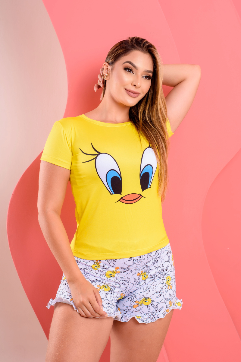 Pijama Adulto Blusa Short Doll BomBom Piu-Piu Amarelo