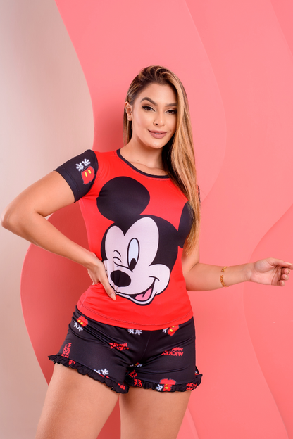 Pijama Adulto Blusa Short Doll BomBom  Mickey Vermelho